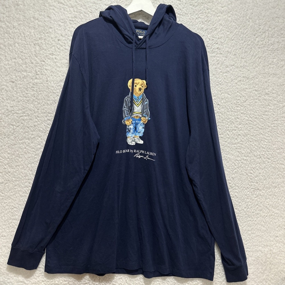 POLO RALPH LAUREN Long Sleeve T-shirt Size 2XL Navy Bear Graphic Pullover Hoodie